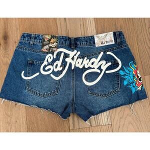 NWT Ed‎ Hardy Skull Flame Denim Cut Off ShortsRetro Medium 30 WEHD8000-6